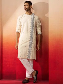 Vastramay - White Blue Jamdani Kurta With White Pant for Men