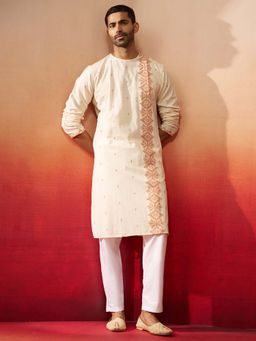 Vastramay - White Rust Jamdani Kurta With White Pant for Men