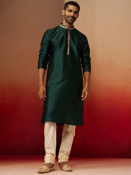 Vastramay - Bottle Green Jacquard Kurta With Cream Churidar for Men