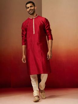 Vastramay - Maroon Jacquard Kurta With Cream Churidar for Men