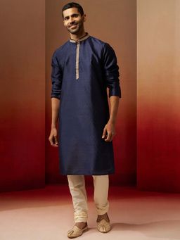 Vastramay - Navy Blue Jacquard Kurta With Cream Churidar for Men