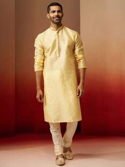 Vastramay - Yellow Jacquard Kurta With Cream Churidar for Men