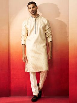 Vastramay - Men Cream Jacquard Ethnic Motifs Embroidery Kurta and Pant
