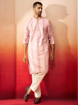 Vastramay - Peach Digital Print Kurta With Cream Pant for Men