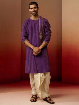Vastramay - Purple Zari Embroidered Kurta and Dhoti for Men