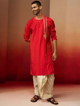 Vastramay - Red Zari Embroidered Kurta and Dhoti for Men