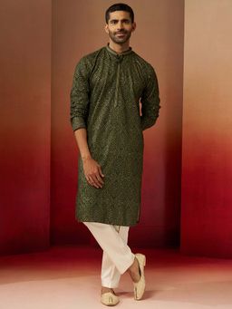 Vastramay - Green Bandhani Gems Work Kurta With Cream Pant for Men