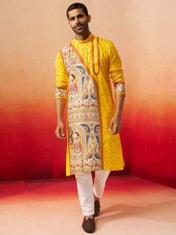 Vastramay - Yellow Digital Print Kurta With White Pant for Men