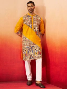 Vastramay - Yellow Digital Print Kurta With White Pant for Men