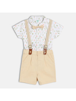 MINI KLUB - White Cotton Floral Shirt Shorts with Bow & Suspender