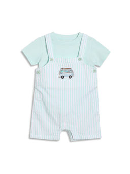 MINI KLUB - Blue Cotton Half Sleeves Striped Dungaree with T-shirt