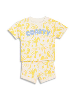 MINI KLUB - Beige Cotton Half Sleeves Printed T-shirt & Shorts