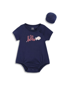 MINI KLUB - Navy Blue Cotton Embroidered Onesie with Cap