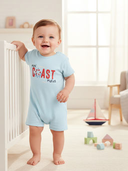 MINI KLUB - Blue Cotton Half Sleeves Printed Romper