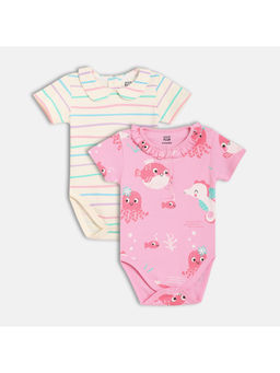 MINI KLUB - Multi-Color Cotton Striped & Aqua Printed Onesies (Pack of 2)