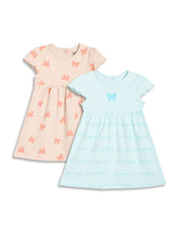 MINI KLUB - Multi-Color Cotton Half Sleeves Bow Printed Dresses (Pack of 2)