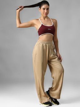Athlisis - Beige Women's Pure Cotton Relaxed Fit Mid-Rise Piping Trackpant