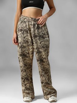 Athlisis - Beige Women's Printed : Pure Cotton Relaxed Fit Mid-Rise Trackpant