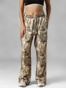 Athlisis - Beige Women's Printed : Pure Cotton Relaxed Fit Mid-Rise Trackpant