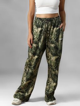 Athlisis - Green Women's Printed : Pure Cotton Relaxed Fit Mid-Rise Trackpant