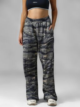 Athlisis - Navy Blue Women's Printed : Pure Cotton Relaxed Fit Mid-Rise Trackpant