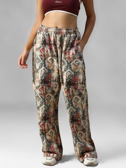 Athlisis - Beige Women's Printed : Pure Cotton Relaxed Fit Mid-Rise Trackpant