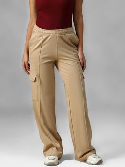 Athlisis - Beige Women's Pure Cotton Relaxed Fit Mid-Rise Cargo Pockets Trackpant