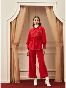 Label Deepika Nagpal - Fiery Red Shirt With Flap Pockets And Pants (Set of 2)