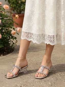 Alberto Torresi - Women Silver Gemstone Embellished Clear T-Strap Sandal Heels