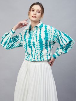 RARE - Women Casual Green Regular Fit Printed Puff Sleeves Spread Collar Shirt