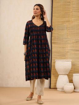 Baisacrafts - Indigo Blue Dabu Hand Block Printed Cotton Pintex Kurta
