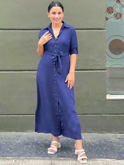 Uptownie - Navy Blue Crepe Button Down Shirt Dress