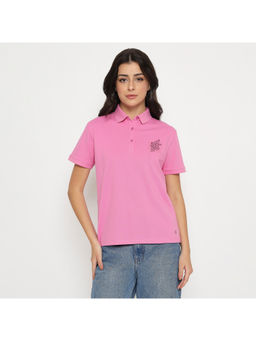 Madame - Embellished Adorned Cotton Blend Pink Polo T-Shirt