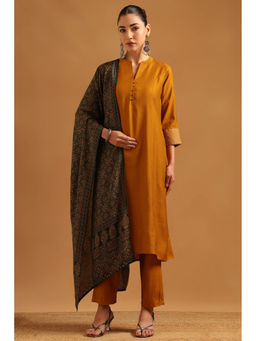Soch - Womens Mustard Silk Blend Botanical Kurta with Pant & Dupatta