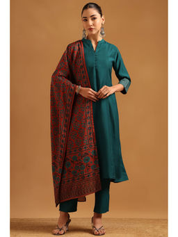 Soch - Womens Teal Silk Blend Botanical Kurta with Pant & Dupatta