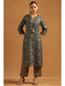 Soch - Womens Beige Linen Block Printed Batik Kurta With Pant