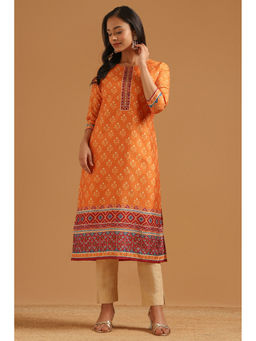 Soch - Womens orange Muslin Digital Printed Botanical Mirror Work Kurta