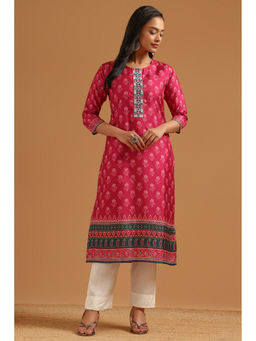 Soch - Womens Magenta Muslin Digital Printed Botanical Mirror-Work Kurta