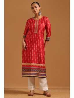 Soch - Womens Red Muslin Digital Printed Botanical Machine Ethnic Motifs Kurta