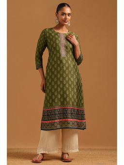 Soch - Womens Green Muslin Printed Paisley Machine Kurta