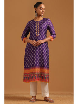 Soch - Womens Purple Muslin Printed Ethnic Motifs Mirror-Work Kurta