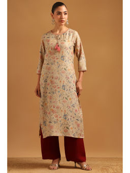 Soch - Womens Beige Linen Digital Printed Botanical Tassel Kurta