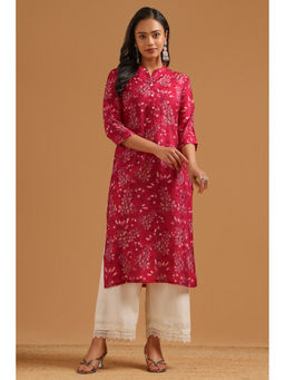 Soch - Womens Fuchsia Muslin Screen Printed Botanical Kurta
