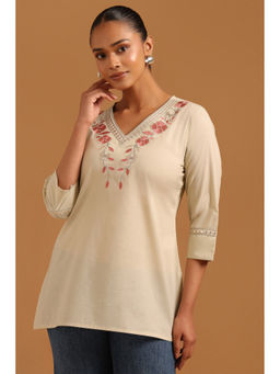 Soch - Womens Beige Cotton Embroidered Mirror-Work Tunic