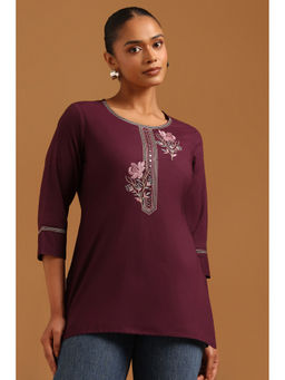 Soch - Womens Wine Cotton Embroidered Machine Tunic