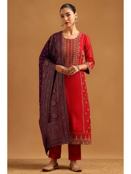 Soch - Womens Red Chanderi Embroidered Botanical Kurta with Pant & Dupatta