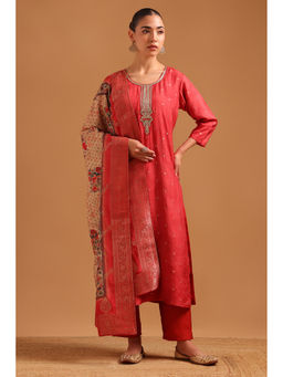 Soch - Womens Rust Brocade Botanical Woven Zardosi Kurta With Pant & Dupatta