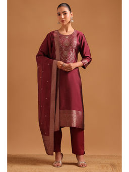 Soch - Womens Wine Organza Botanical Zardozi Kurta With Pant & Dupatta
