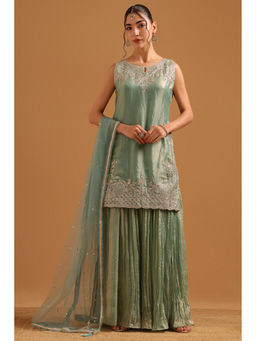 Soch - Womens Sap Green Embroidered Kurta with Unstitched Sleeves with Dupatta & Palazzo