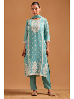 Soch - Womens Blue Chanderi Embroidered Kurta with Pant & Dupatta